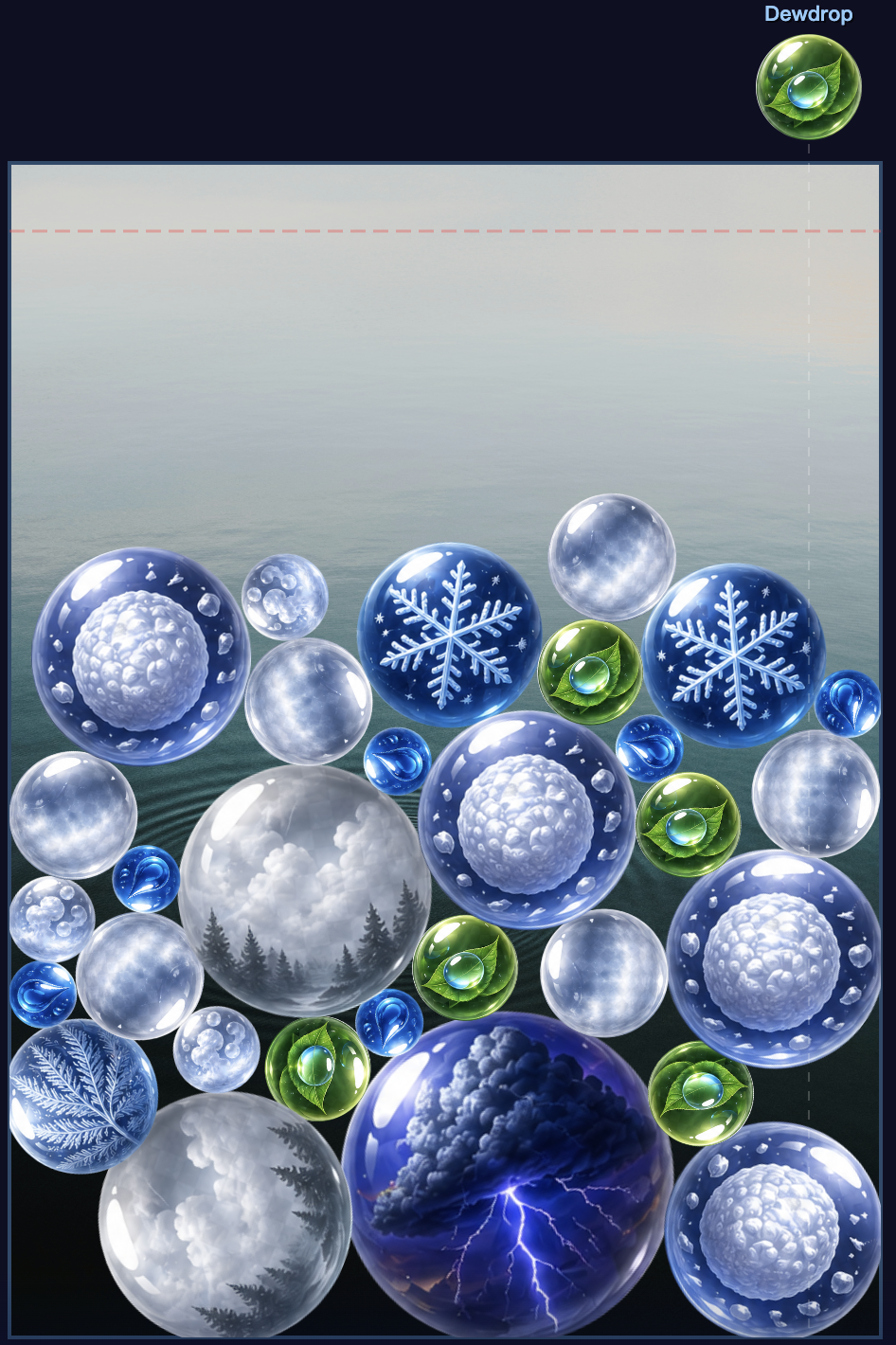 Drop Merge Game gameplay screenshot showing weather elements stacked in the play container